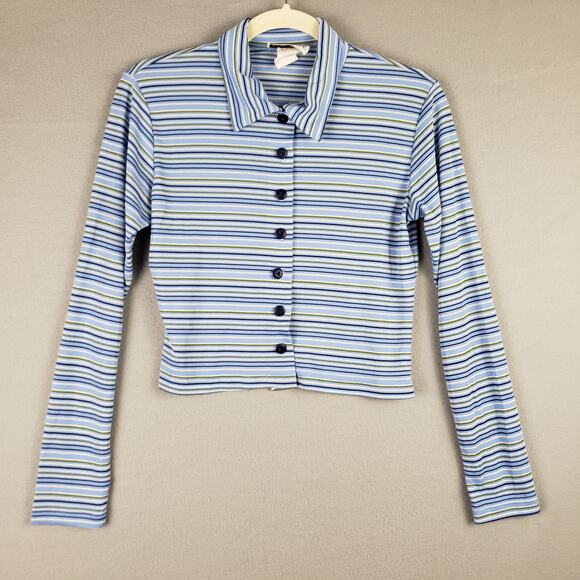 Vintage Tops - Y2K Accomplice Size M Button Front Polo Shirt Blue Green Stripe Androgynous Edgy